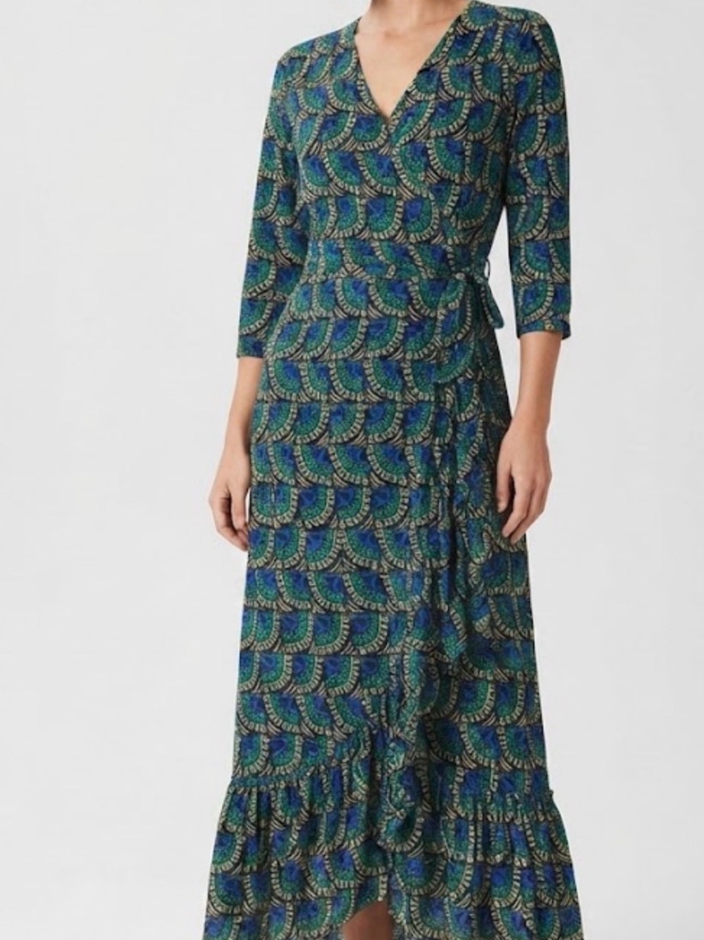 Boho African viscose dress Green and Blue Printed Wrap-Style Maxi Dress size L